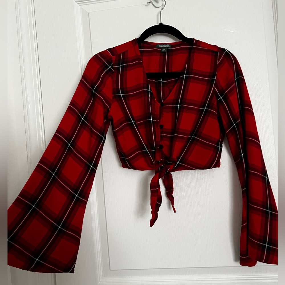 Wild Fable Plaid Bell Sleeve Cropped Top
